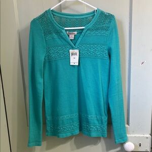Lucky Brand Turquoise Cutwork Notch Neck Lace Long Sleeve Top